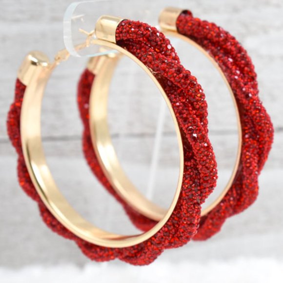 3" Boho Braid Twist Red Rhinestone Hoop Earrings - Picture 9 of 13